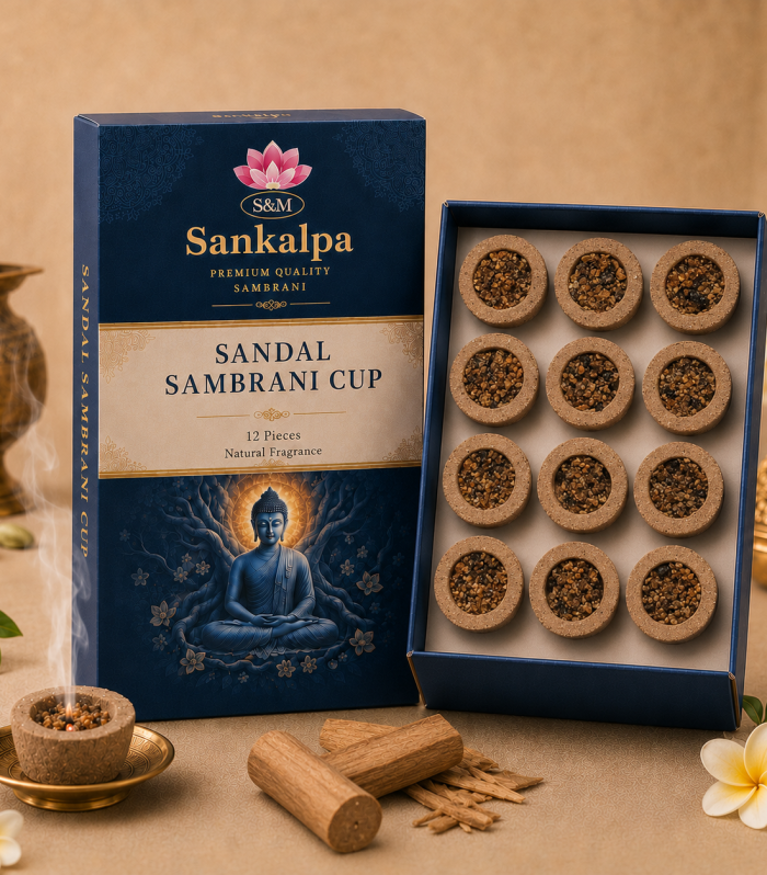 Premium Sandal Sambrani Cup – 12 Pieces Box