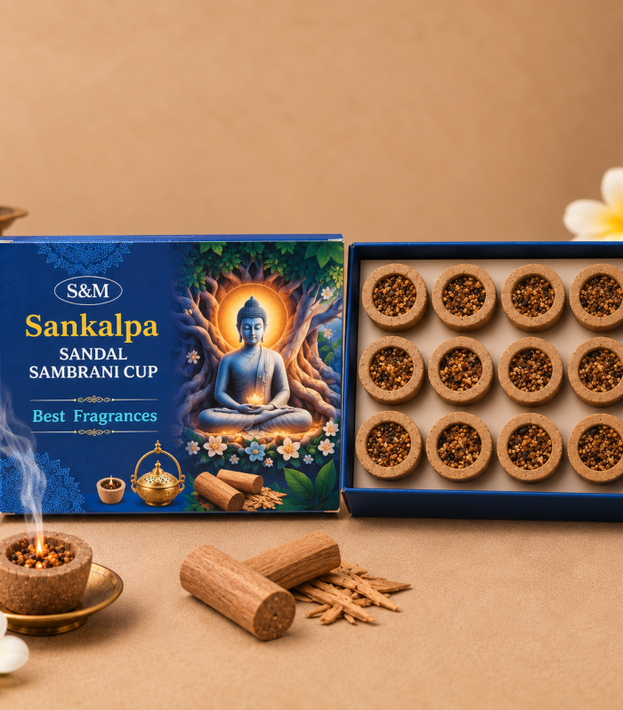 Premium Sandal Sambrani Cup – 12 Pieces Box